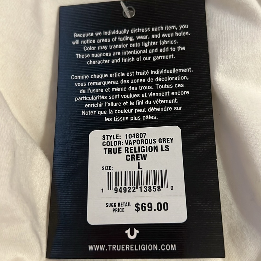 TRUE RELIGION NWT Men’s Large Vaporous Grey  Long Sleeve Pullover Shirt - Picture 6 of 9